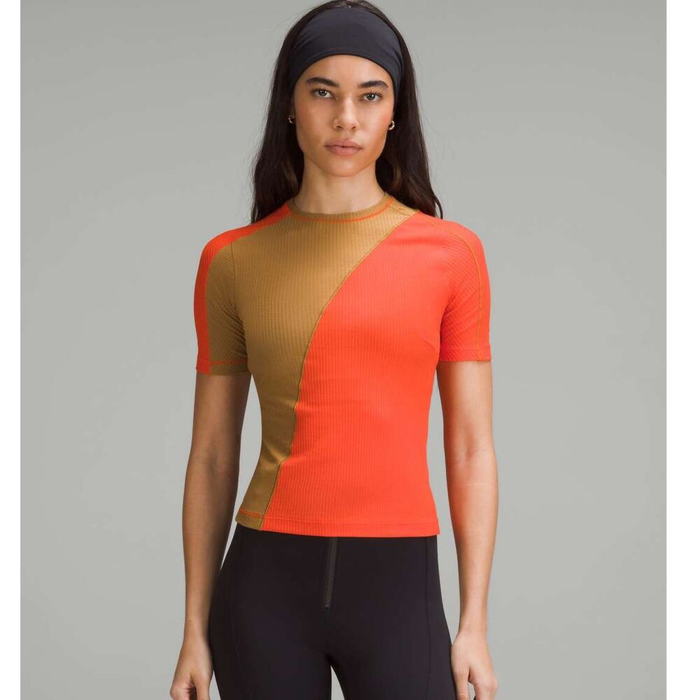 Lululemon Asymmetrical Ribbed Cotton T-Shirt in Solar Orange and Beige (XL)